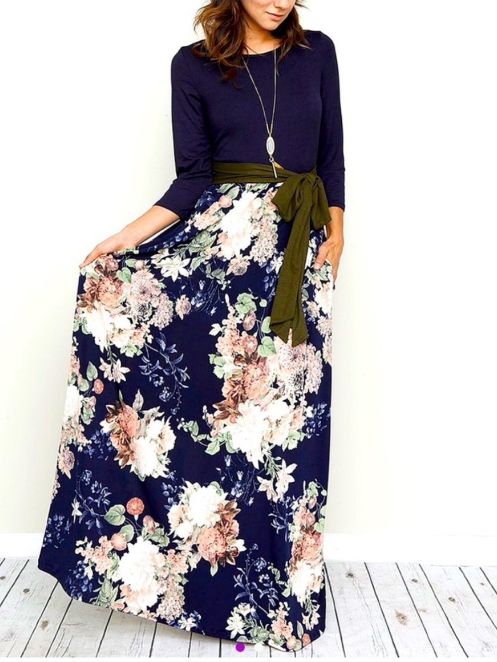 Egy Floral Navy Maxi Dress with Olive Sash Curvy Plus Size XL Fall Winter